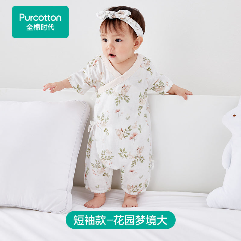 全棉时代纯棉新生儿婴儿衣服新款纱布满月宝宝睡衣连体衣薄款夏季