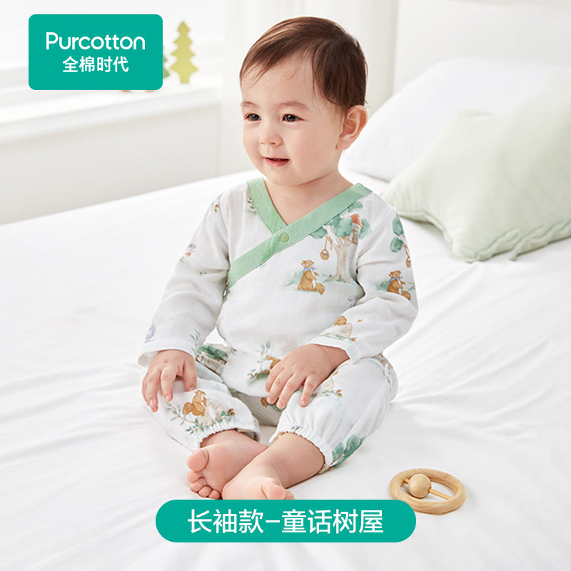全棉时代纯棉新生儿婴儿衣服新款纱布满月宝宝睡衣连体衣薄款夏季