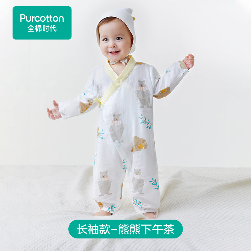全棉时代纯棉新生儿婴儿衣服新款纱布满月宝宝睡衣连体衣薄款夏季