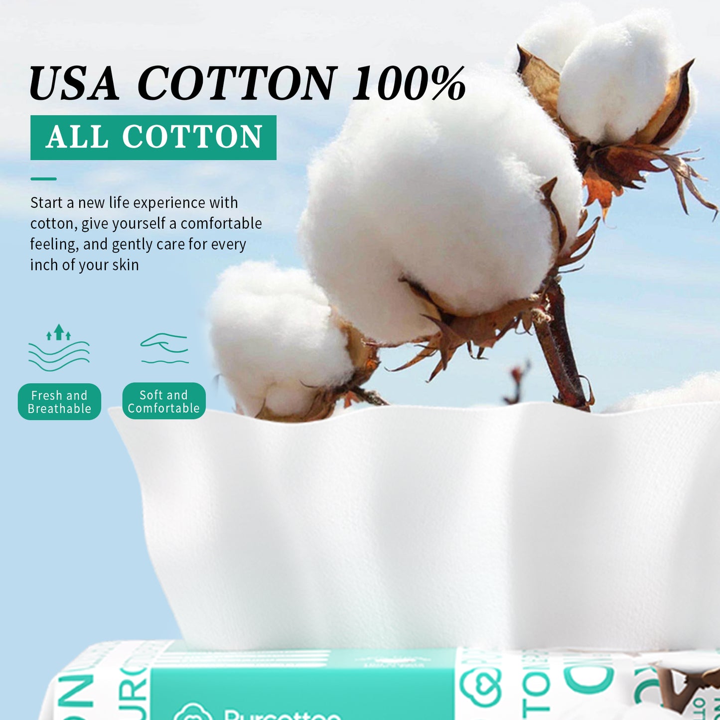 Purcotton Facial Tissue - USA Cotton Dry Wipes, 600 Count ,Disposable, Makeup Remover, 6 Pack