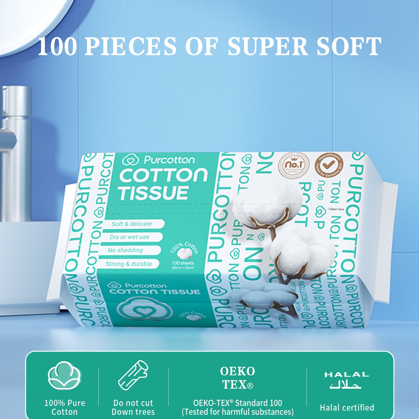 Purcotton Facial Tissue - USA Cotton Dry Wipes, 600 Count ,Disposable, Makeup Remover, 6 Pack